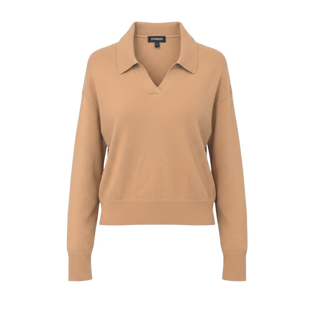 Express Collared V-Neck Pullover Sweater M Camel Tan Academia Preppy Old Money